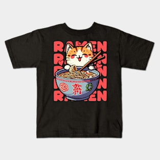 Cute Kawaii Anime Ramen Lover Cat Retro Japanese Noodles Kids T-Shirt